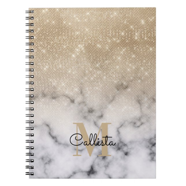 Glamous Guld Glitter White Marble Ombre Monogram Anteckningsbok (Framsidan)