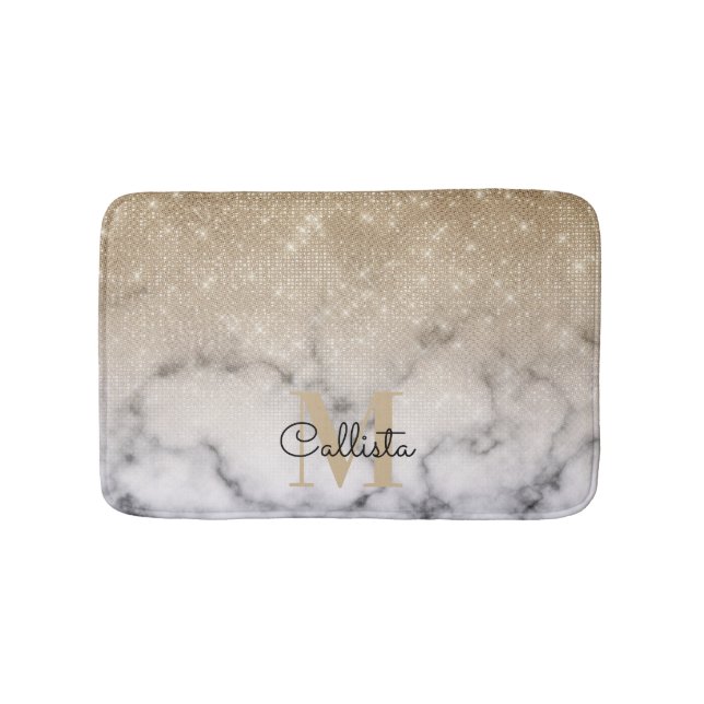 Glamous Guld Glitter White Marble Ombre Monogram Badrumsmatta (Framsidan)
