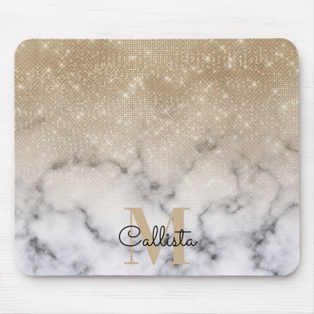 Glamous Guld Glitter White Marble Ombre Monogram Musmatta (Framsidan)