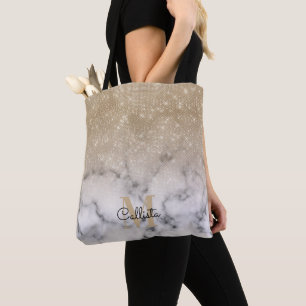 Glamous Guld Glitter White Marble Ombre Monogram Tygkasse