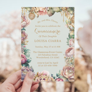 Glamous Guld Gnistra Flowers Quinceanera Inbjudningar