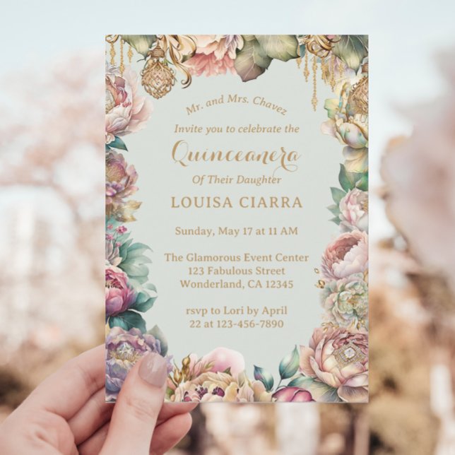Glamous Guld Gnistra Flowers Quinceanera Inbjudningar (Skapare uppladdad)