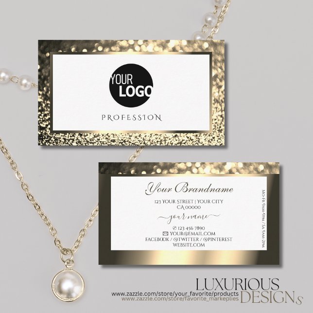 Glamous Guld Gnistra Glitter Logotyp Elegant White Visitkort (Skapare uppladdad)
