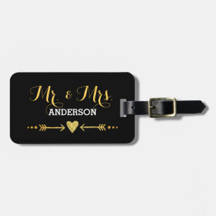 Glamous Guld Heart Arrow Black Bröllop, Mr & Mrs. Bagagebricka