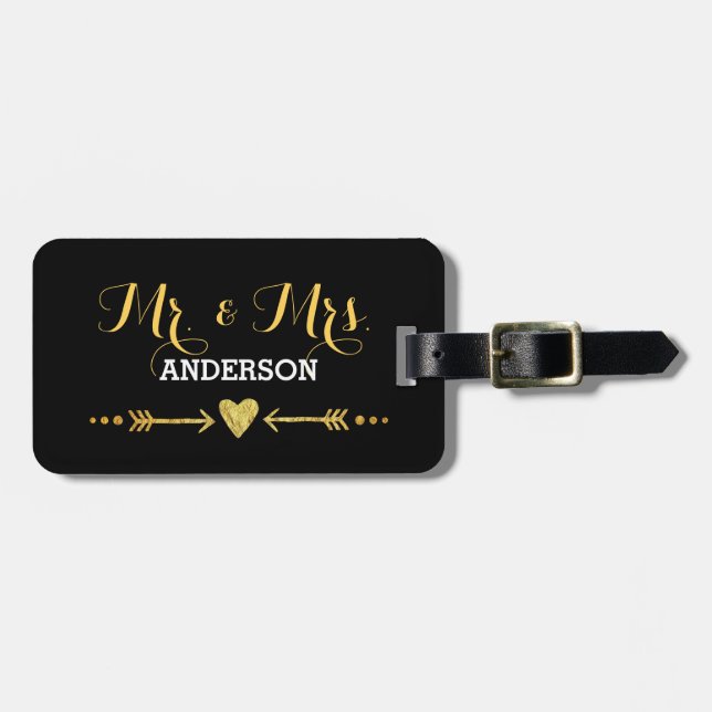 Glamous Guld Heart Arrow Black Bröllop, Mr & Mrs. Bagagebricka (Horisontell Framsida)