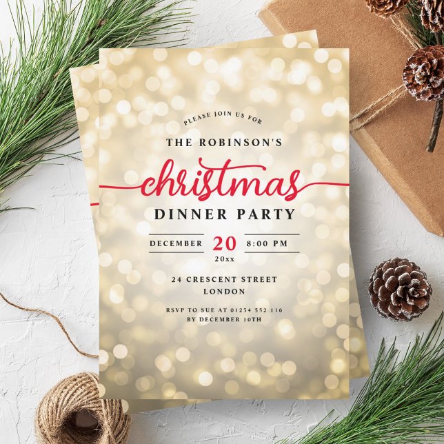 Glamous Guld Ljus julmiddag Party Inbjudningar (Glamorous Gold Lights Christmas Dinner Party Invitation)