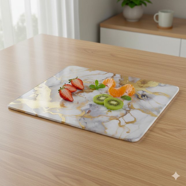 Glamous Guld Marble Effect (Gold and white marble effect chopping board with freshly sliced fruit.)
