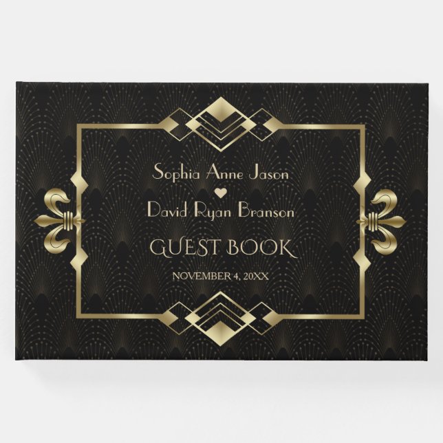 Glamous Guld Roaring 20's Art Deco Bröllop Gästböcker (Framsida)