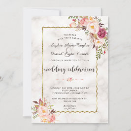 Glamous Guld  Rosa Blommigt Marble Bröllop Inbjudningar