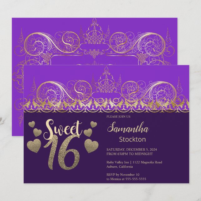 Glamous Guld Sweet 16-inbjudan Inbjudningar (Fram/baksida)