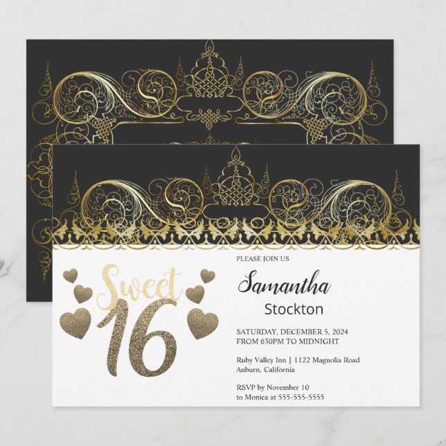 Glamous Guld Sweet 16-inbjudan Inbjudningar (Fram/baksida)