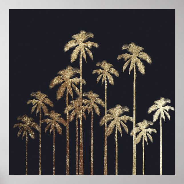 Glamous Guld Tropical Handflatan Träd på Black Poster (Framsidan)