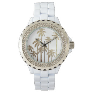 Glamous Guld Tropical Handflatan Träd på White Armbandsur