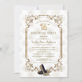 Glamous Guld White Art Deco Sweet 16:e födelsedage Inbjudningar
