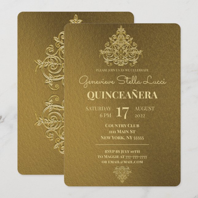 Glamous inbjudan till Guld Quinceañera-partiet (Fram/baksida)
