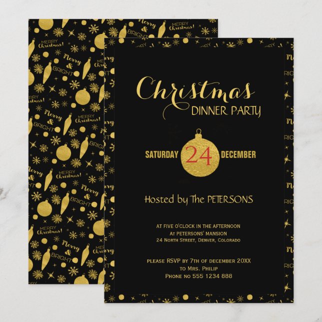 Glamous julmanus mönster guld svart inbjudningar (Fram/baksida)