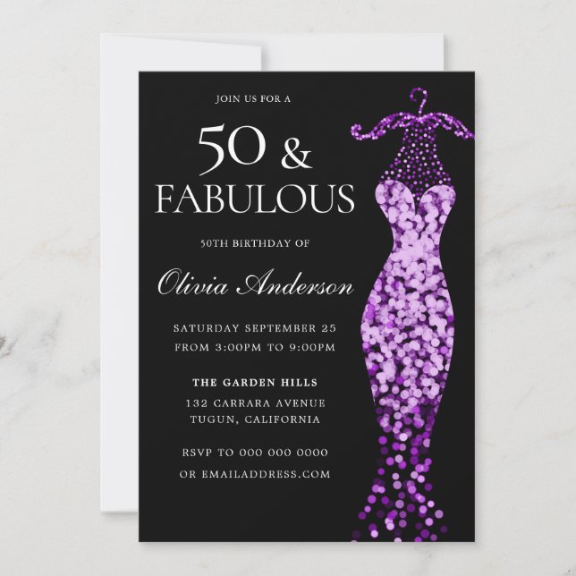 Glamous Lila Dress Fabulous 50:e födelsedagen Inbjudningar (Framsida)