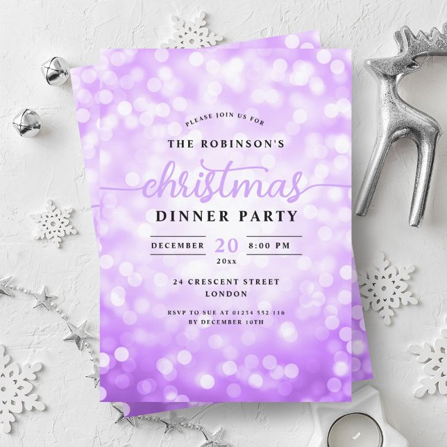 Glamous Lila Ljus julmiddag Party Inbjudningar (Glamorous Purple Lights Christmas Dinner Party Invitation)