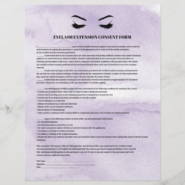Glamous Lilac EYELASH EXTENSION CONSENT FORM Reklamblad (Framsidan)