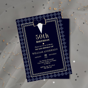 Glamous Navy Blue & Guld Tuxedo Milestone Age Inbjudningar