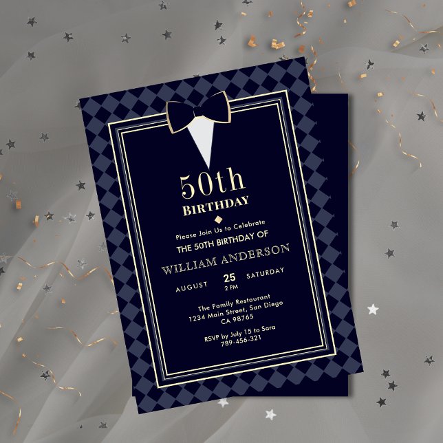 Glamous Navy Blue & Guld Tuxedo Milestone Age Inbjudningar (Glamorous Navy Blue & Gold Tuxedo Milestone Age Invitation )