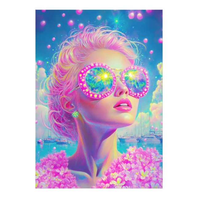 Glamous Neon Woman med mousserande glasögon Fototryck (Framsidan)