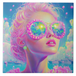 Glamous Neon Woman med mousserande glasögon Kakelplatta