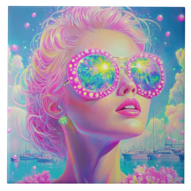 Glamous Neon Woman med mousserande glasögon Kakelplatta (Framsidan)