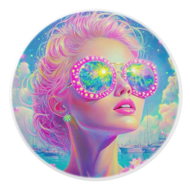 Glamous Neon Woman med mousserande glasögon Knopp (Framsidan)