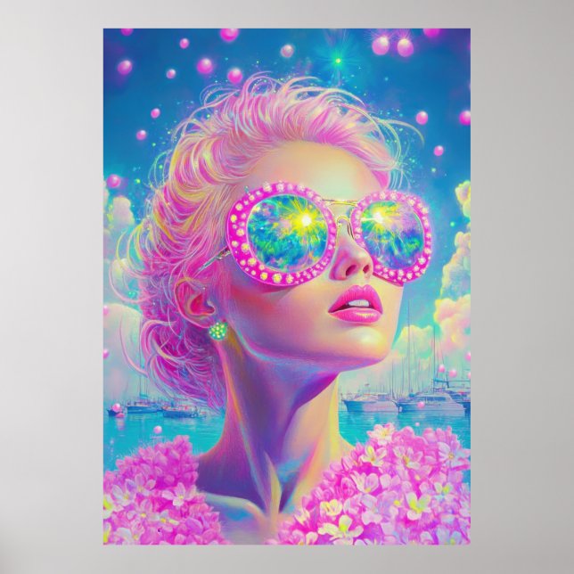 Glamous Neon Woman med mousserande glasögon Poster (Framsidan)