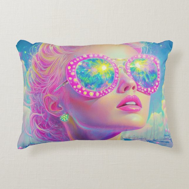 Glamous Neon Woman med mousserande glasögon Prydnadskudde (Framsidan)