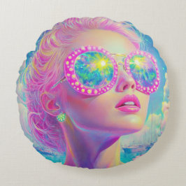 Glamous Neon Woman med mousserande glasögon Rund Kudde