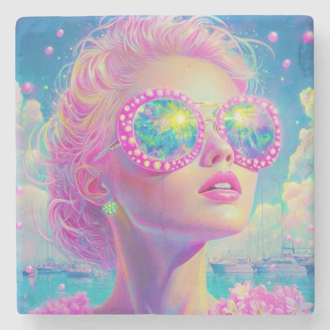 Glamous Neon Woman med mousserande glasögon Stenunderlägg (Framsidan)