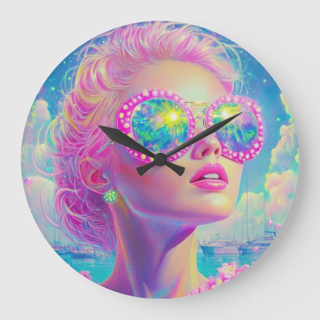 Glamous Neon Woman med mousserande glasögon Stor Klocka (Framsida)