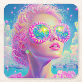 Glamous Neon Woman med mousserande glasögon Underlägg Papper Kvadrat