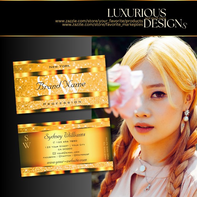 Glamous Orange Gnistra Glitter Stars Monogram Visitkort (Skapare uppladdad)