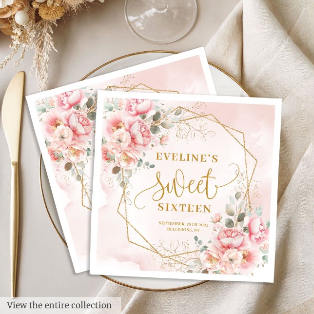 Glamous Powder Rosa Guld Flowers Sweet sixteen Pappersservett (Glamorous Powder Pink Gold Flowers Sweet Sixteen Napkins)