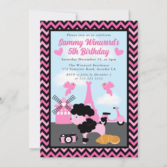 Glamous Pudel Hund i Paris Barns födelsedag Inbjudningar (Framsida)