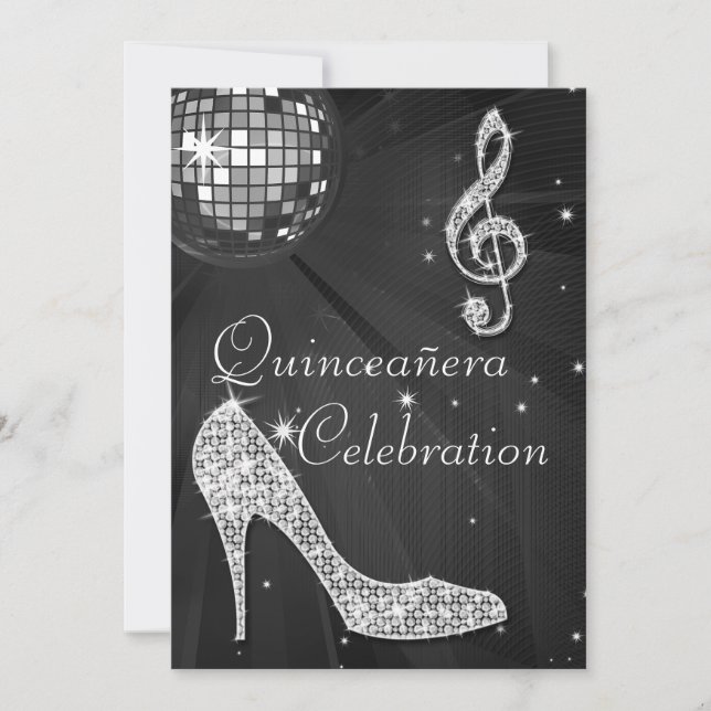 Glamous Quinceañera Disco Boll och Gnistra Heels Inbjudningar (Framsida)