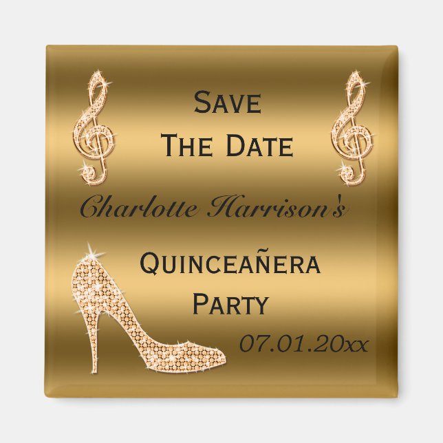 Glamous Quinceañera Save Date Guld Stiletto Magnet (Framsidan)