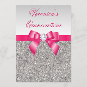 Glamous Quinceañera Silver Sequins Shock rosa Bow Inbjudningar