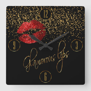 Glamous Red Läppar och Guld Confetti Fyrkantig Klocka