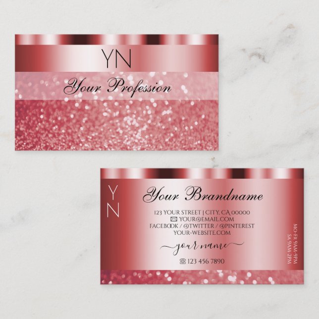 Glamous Red Sparkling Glitter Monogram Shimmery Visitkort (Fram/baksida)
