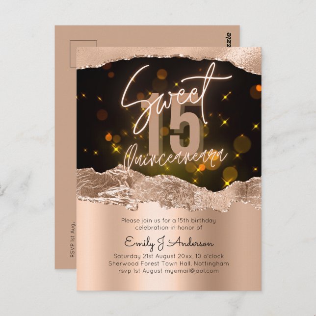 Glamous Ro Gold Foil Glitter Quinceanera 15 Vykort (Fram/baksida)