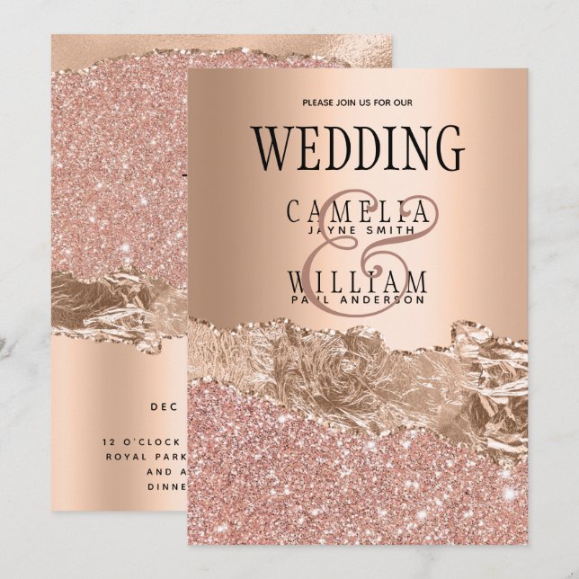 Glamous Ro Guld Glitter Foil Bröllop Inbjudningar (Fram/baksida)