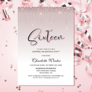 Glamous Rosa Diamonds Surprise 16:e födelsedagen Inbjudningar
