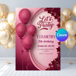 Glamous Rosa Glitter Balloons & Stars Birthday Inbjudningar