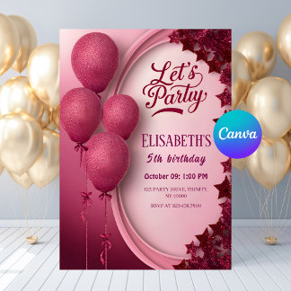 Glamous Rosa Glitter Balloons & Stars Birthday Inbjudningar