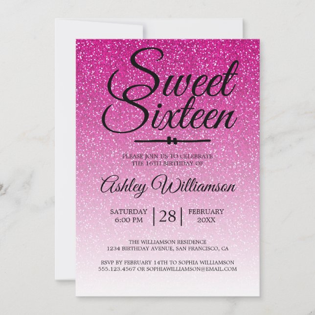 Glamous Rosa Glitter Ombre Sweet 16 Birthday Inbjudningar (Framsida)
