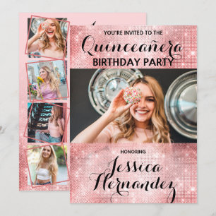 Glamous Rosa Glitter Sequins Photo Quinceañera Inbjudningar